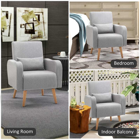 HOMCOM Accent Chair, Linen-Touch Armchair, Upholstered Leisure Lounge Sofa for Living Room, Club Chair with Wooden Frame, Grey