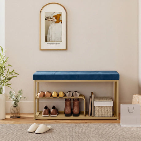 HOMCOM Bench and Shoe Storage, Tufted Shoe Storage Bench with Velvet Seat Cushion Gold Steel Frame for Entryway, Dark Blue