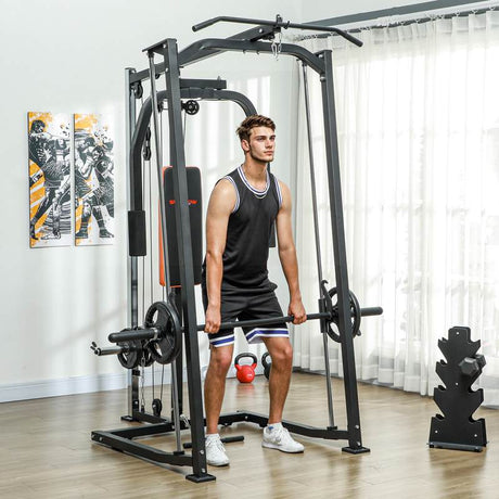 SPORTNOW 3 In 1 Smith Machine with Dual Cable Pulley System, Chest Press Station, 17-Level Squat Rack and Barbell Bar