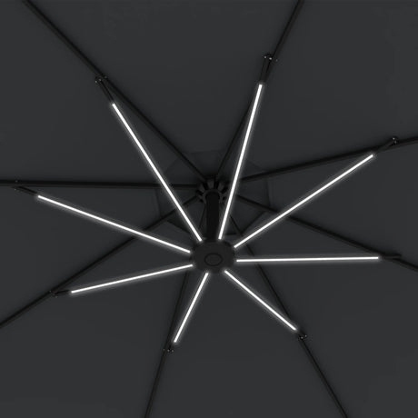 Outsunny 3(m) Cantilever Parasol with Solar LED Lights, Garden Umbrella with Cross Base and Crank Handle, Hanging Offset Banana Sun Shade for Outdoor, Patio, Grey