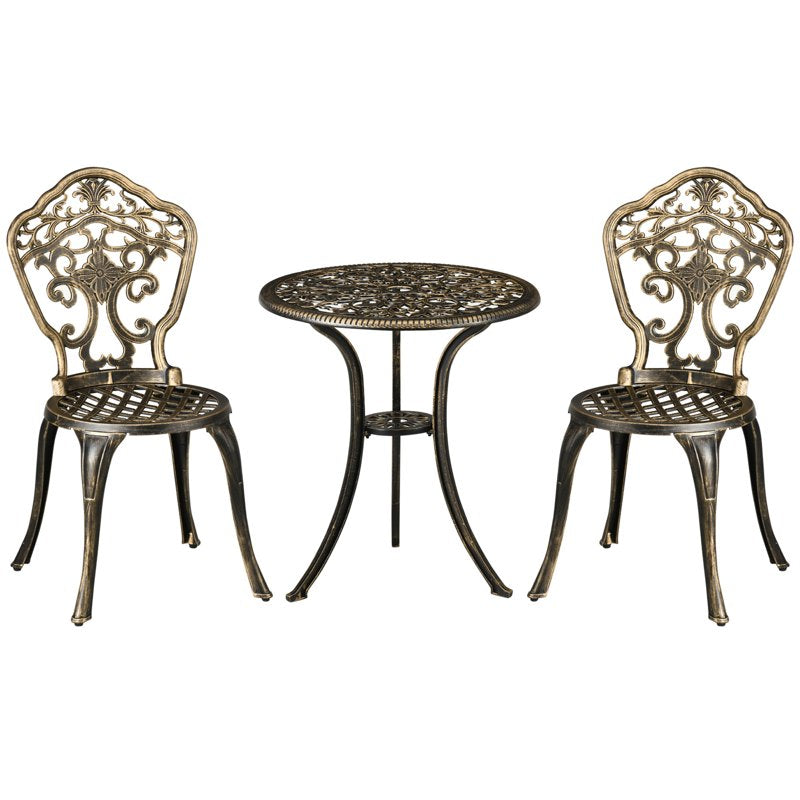 Outsunny 3 Piece Cast Aluminium Garden Bistro Set for 3 with Parasol Hole, Outdoor Coffee Table Set, Two Armless Chairs and Round Coffee Table for Balcony, Patio, Bronze