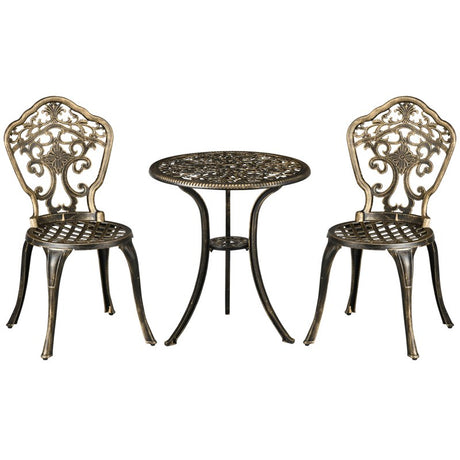 Outsunny 3 Piece Cast Aluminium Garden Bistro Set for 3 with Parasol Hole, Outdoor Coffee Table Set, Two Armless Chairs and Round Coffee Table for Balcony, Patio, Bronze