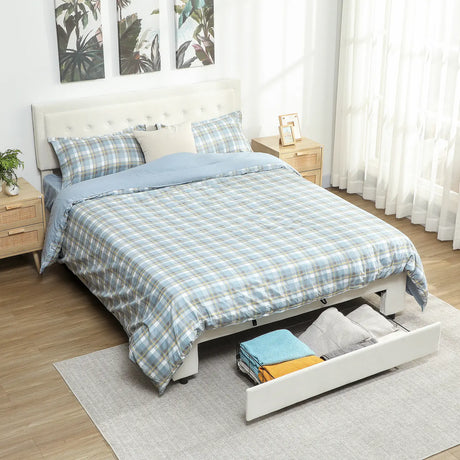 HOMCOM King Size Ottoman Bed Frame, with Front Drawer - Cream