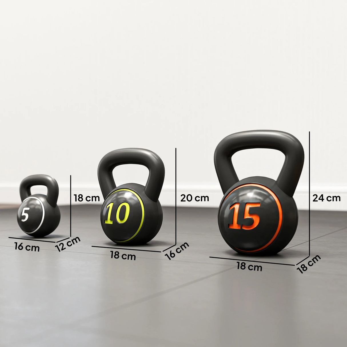 SPORTNOW Three-Piece Kettlebell Set, 5lbs, 10lbs, 15lbs with Storage Tray