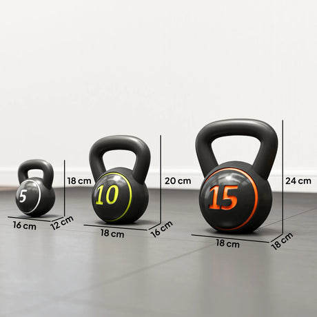 SPORTNOW Three-Piece Kettlebell Set, 5lbs, 10lbs, 15lbs with Storage Tray