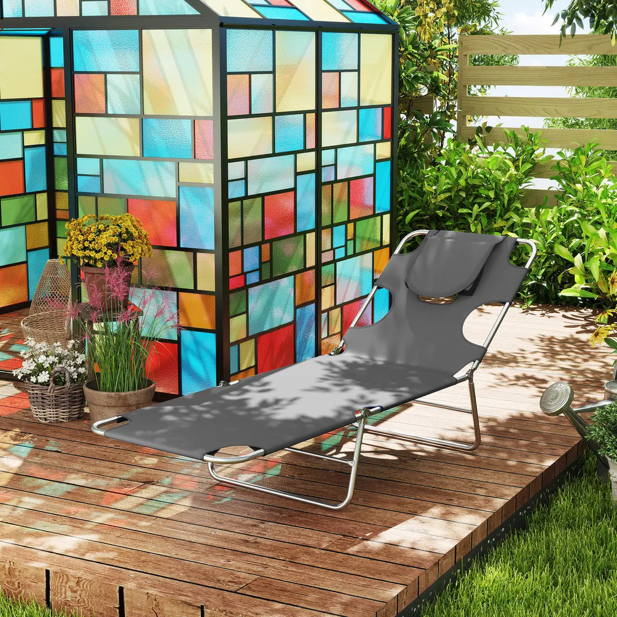 Outsunny Foldable Sun Lounger Set of 2, Beach Chaise Lounge with Reading Hole, Arm Slots, 5-Position Adjustable Backrest, Side Pocket, Pillow for Garden, Beach, Pool, Dark Grey