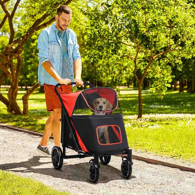 PawHut Foldable Pet Stroller, with Universal Wheels, Shock Absorber, for Medium and Large Dogs - Red