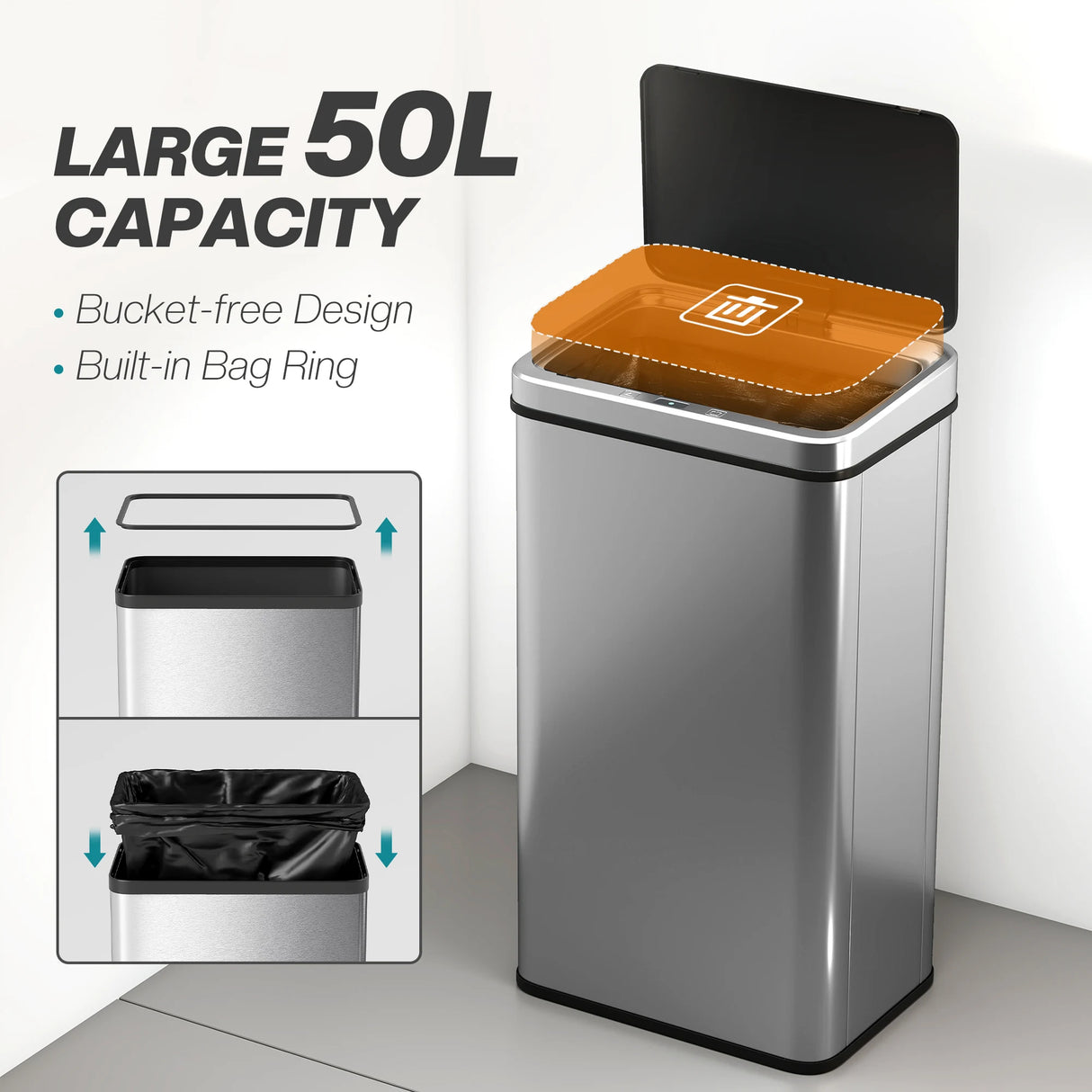 HOMCOM 50L Sensor Bin with Quiet Soft-Close Lid, Automatic Touchless Motion Sensor Kitchen Bin with Fingerprint Resistant Stainless Steel for Hygienic Gyms, Home Office Use, Silver Tone