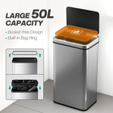 HOMCOM 50L Sensor Bin with Quiet Soft-Close Lid, Automatic Touchless Motion Sensor Kitchen Bin with Fingerprint Resistant Stainless Steel for Hygienic Gyms, Home Office Use, Silver Tone
