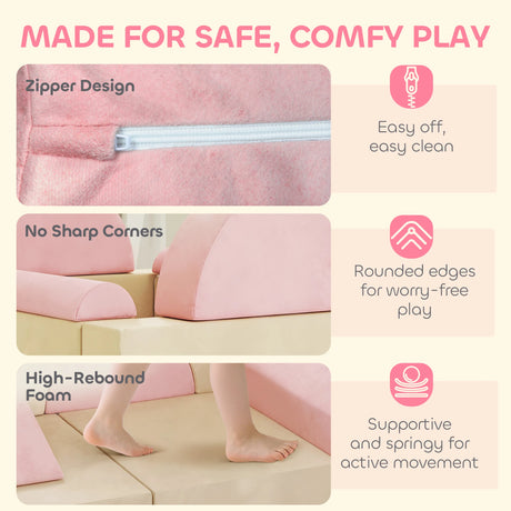 AIYAPLAY Kids Play Sofa, 12 Pieces Foam Modular Soft Play Set for Playroom, Children Convertible Sofa for Boys and Girls, Pink