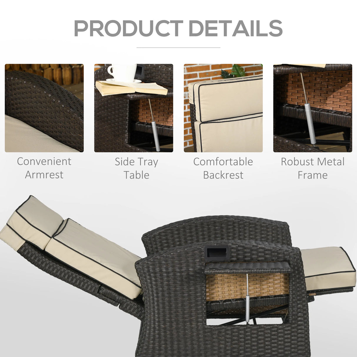 Outsunny Outdoor Recliner Chair with Adjustable Backrest and Footrest, Cushion, Side Tray, Khaki/Brown