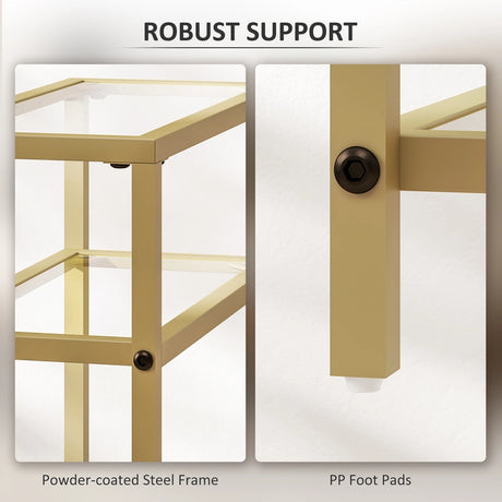 HOMCOM 3-Tier Side Table, Narrow End Table with Storage Shelf and Tempered Glass Tabletop for Small Spaces, Bedroom, Living Room, Entryway, Gold Tone
