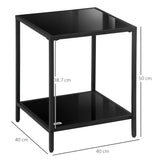 HOMCOM Side Table with Tempered Glass Top, End Table with 2-Tier Storage, Classic Accent Table with Steel Frame, Black