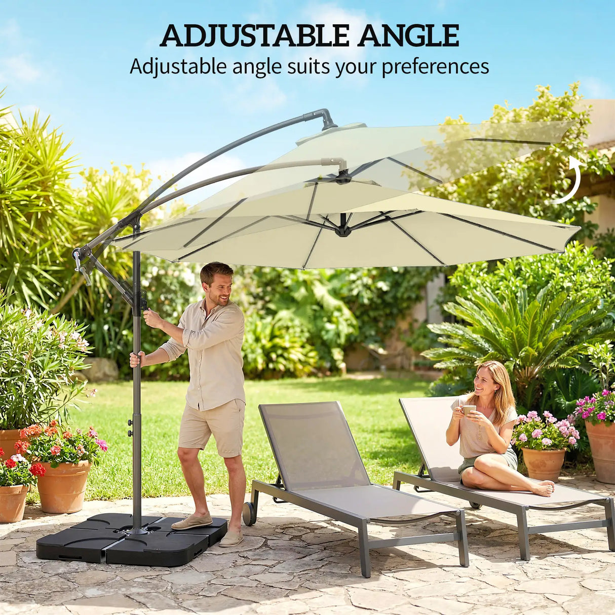 Outsunny 3m Overhanging Parasol, with Base, Weights and Cover - Sand brown