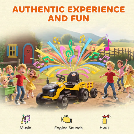 AIYAPLAY 12V Ride on Tractor and Trailer with Remote Control, Music, Shifter, Start-Up Sound, for Kids Ages 3-8 Years, Yellow