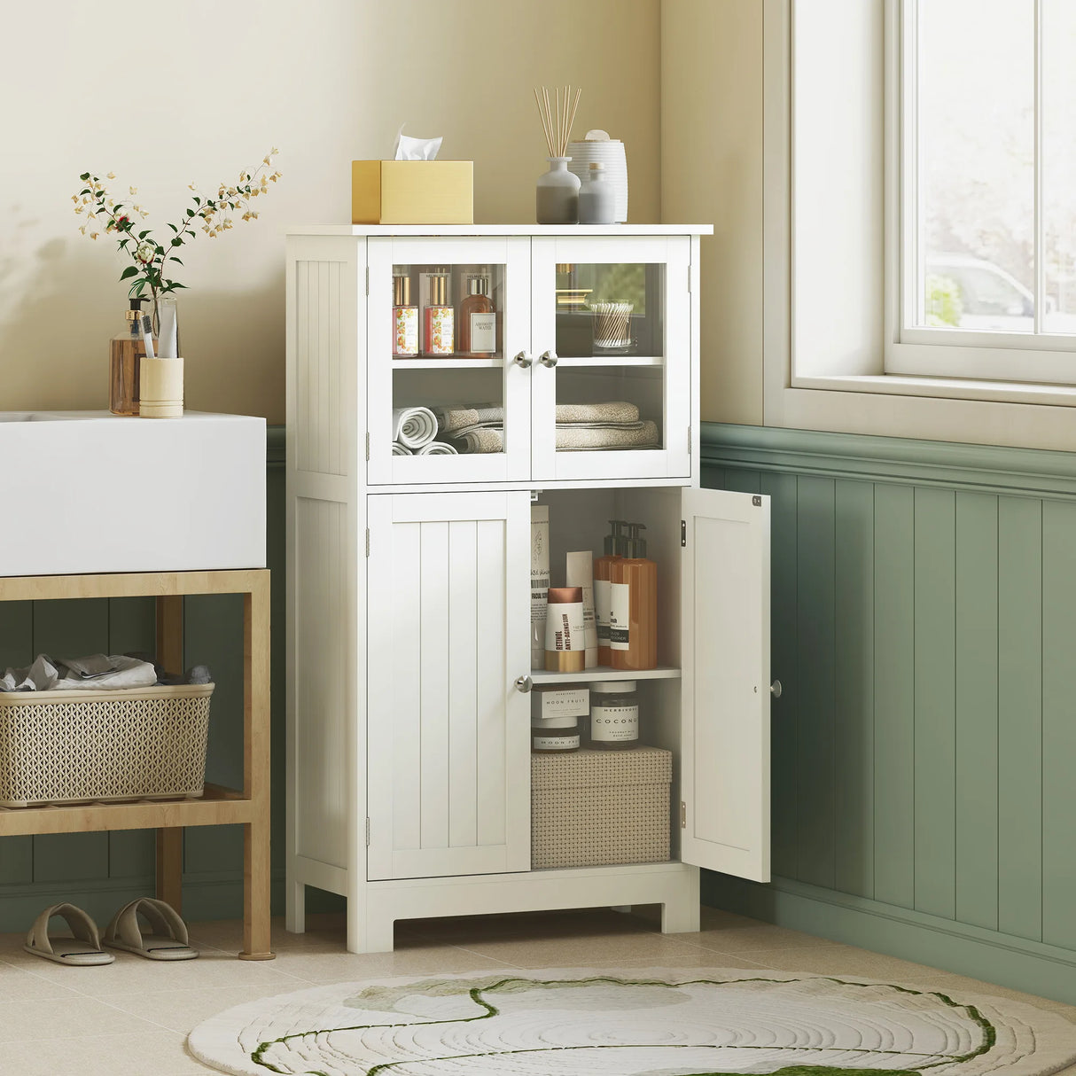 kleankin Bathroom Floor Cabinet, Freestanding Kitchen Cupboard with 2 Drawers, Adjustable Shelves and Tempered Glass Door, Wooden  Storage Unit for Living Room Kitchen Hallway