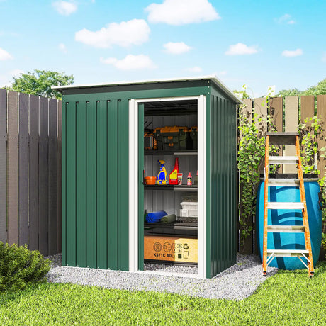Outsunny 5 x 3ft Garden Storage Shed with Sliding Door and Sloped Roof Outdoor Equipment Tool, Green