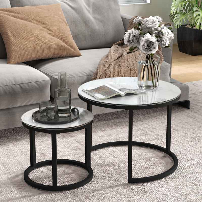 HOMCOM Glass Coffee Table Set of 2, Round Nest of Tables with Marble-Effect Tempered Glass Tabletop and Steel Frame, Modern Side Tables for Living Room, White