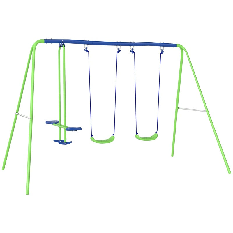 Outsunny Metal Garden Swing Set Height Adjustable Children Outdoor Backyard Play Set for Toddlers Over 3 Years Old, Green