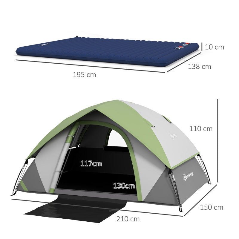 Outsunny Camping Tent with Inflatable Mattress, 2-3 Person Dome Tent with Air Bed and Sewn-in Groundsheet, Portable 3000mm Waterproof Tent with Carry Bag and Hook, for Fishing Hiking