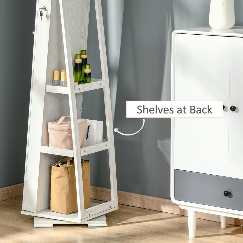 HOMCOM 360 Swivel Jewellery Cabinet with Full Length Mirror, Lockable Jewellery Organiser with Built-in Makeup Mirror and Storage Shelves for Bedroom, White