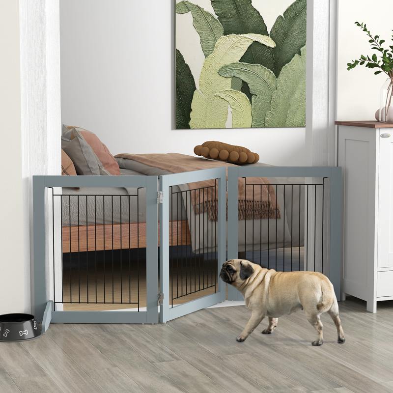 PawHut Foldable Pet Gate, with Three Panels & Two Support Feet - Grey