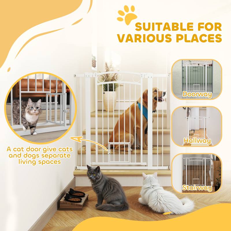 PawHut 106cm Tall Dog Gate with Cat Door, 7cm and 14cm Extensions, for Stairs, Doorways, 76-104cm Width