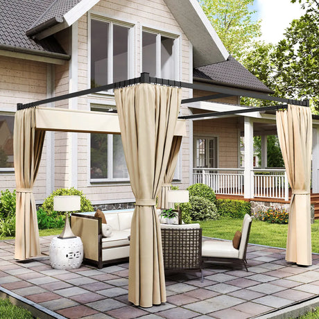 Outsunny 3 x 3m Retractable Roof Pergola, with Curtains - Khaki
