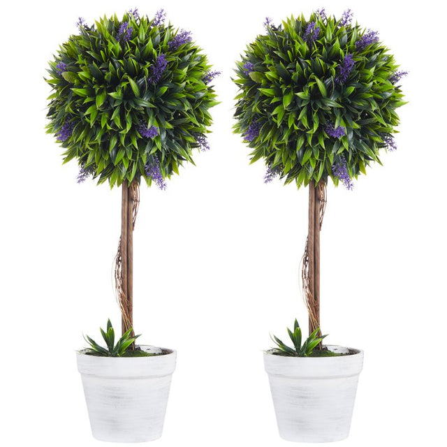 HOMCOM Set of 2 Decorative Artificial Plants Ball Trees with Lavender Flowers in Pot Fake Plants for Home Indoor Outdoor Decor, 60cm, Green