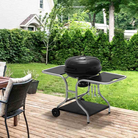 Outsunny Portable Charcoal Kettle Grill Outdoor Barbecue Trolley BBQ Heat Smoker Grilling with Two wheels, Free Standing Black