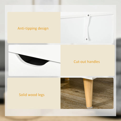 HOMCOM Bedside Table, Bedside Cabinet with 3 Drawers, Side End Table with Pine Wood Legs for Bedroom Living Room, Cream White