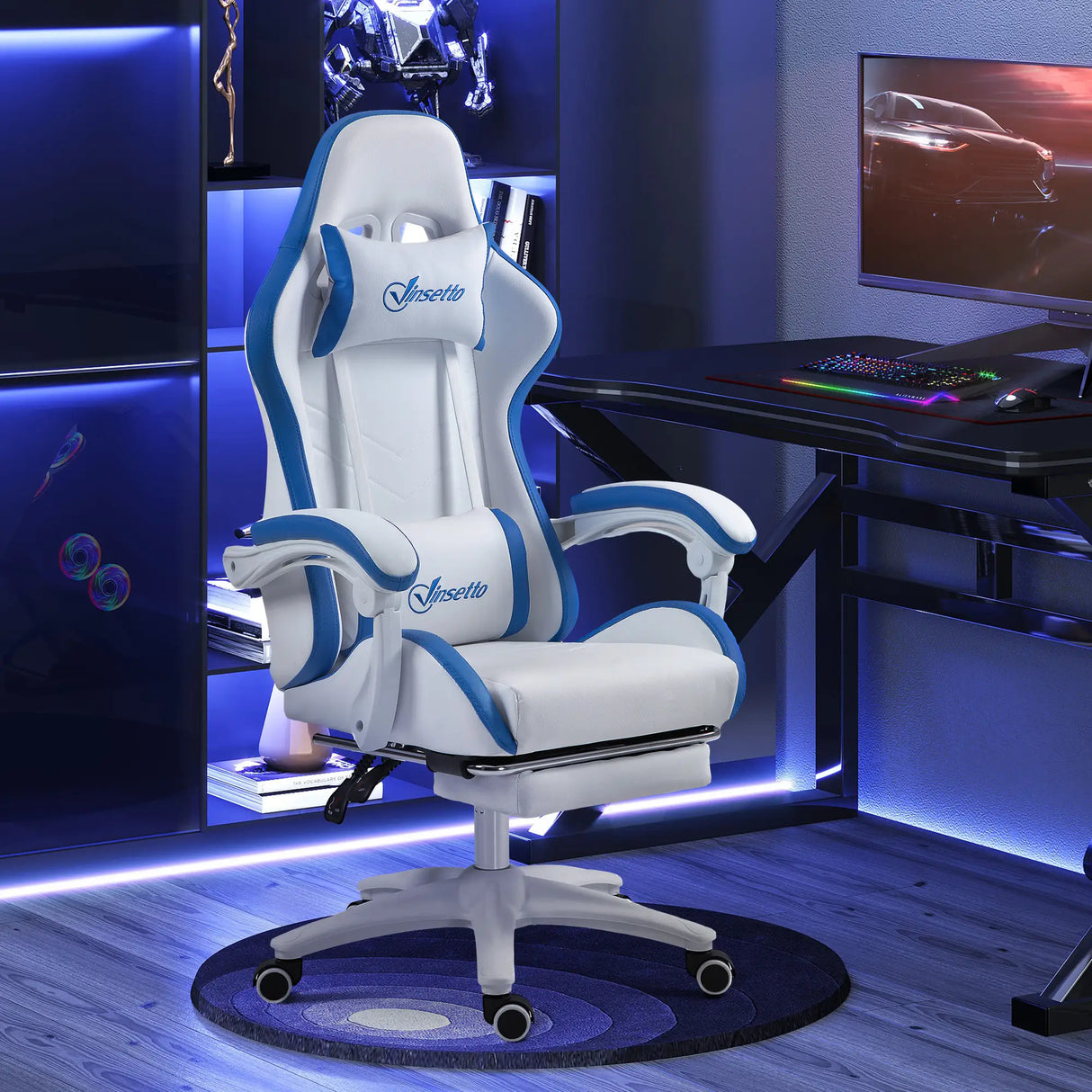 Vinsetto Computer Gaming Chair, PU Leather Office Desk Chair with Footrest, Swivel Wheels, 135 Reclining Back, Lumbar Support, Headrest for Home, White and Blue