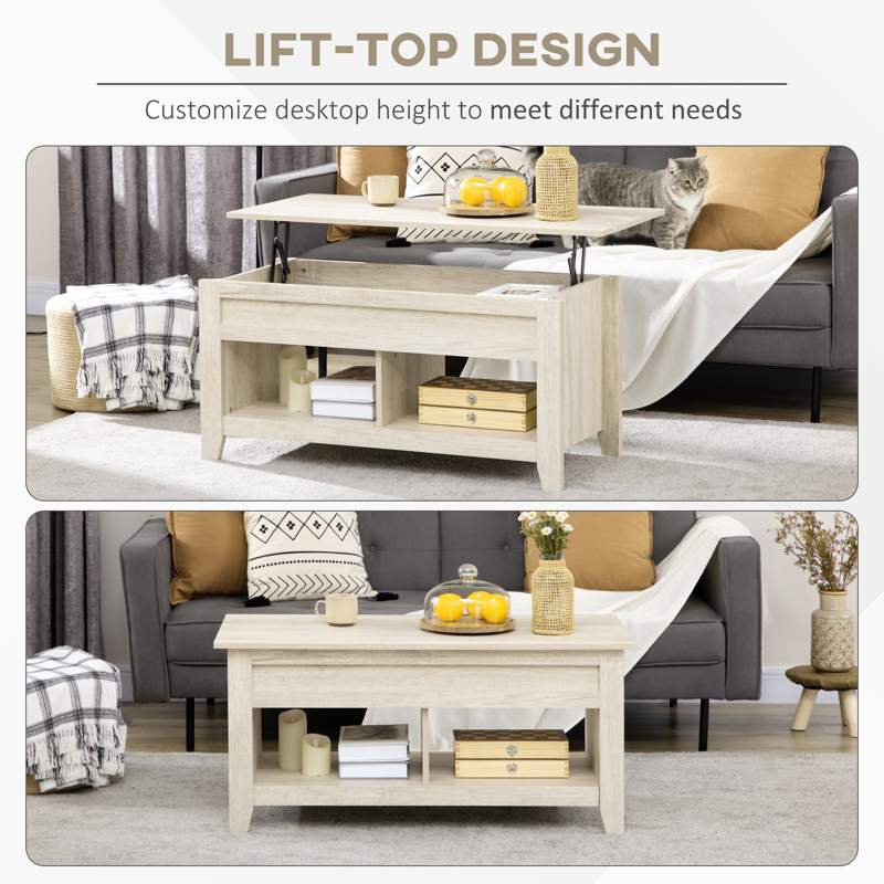 HOMCOM Lift Top Coffee Table w/ Hidden Storage Compartment Open Shelves Lift Tabletop Pop Up Centre Table for Living Room Oak Effect