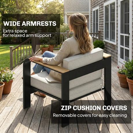 Outsunny 4 Seater Aluminium Garden Furniture Set, Olefin Cushions, Garden Sofa Set with Loveseat, Armchairs, Table, Beige
