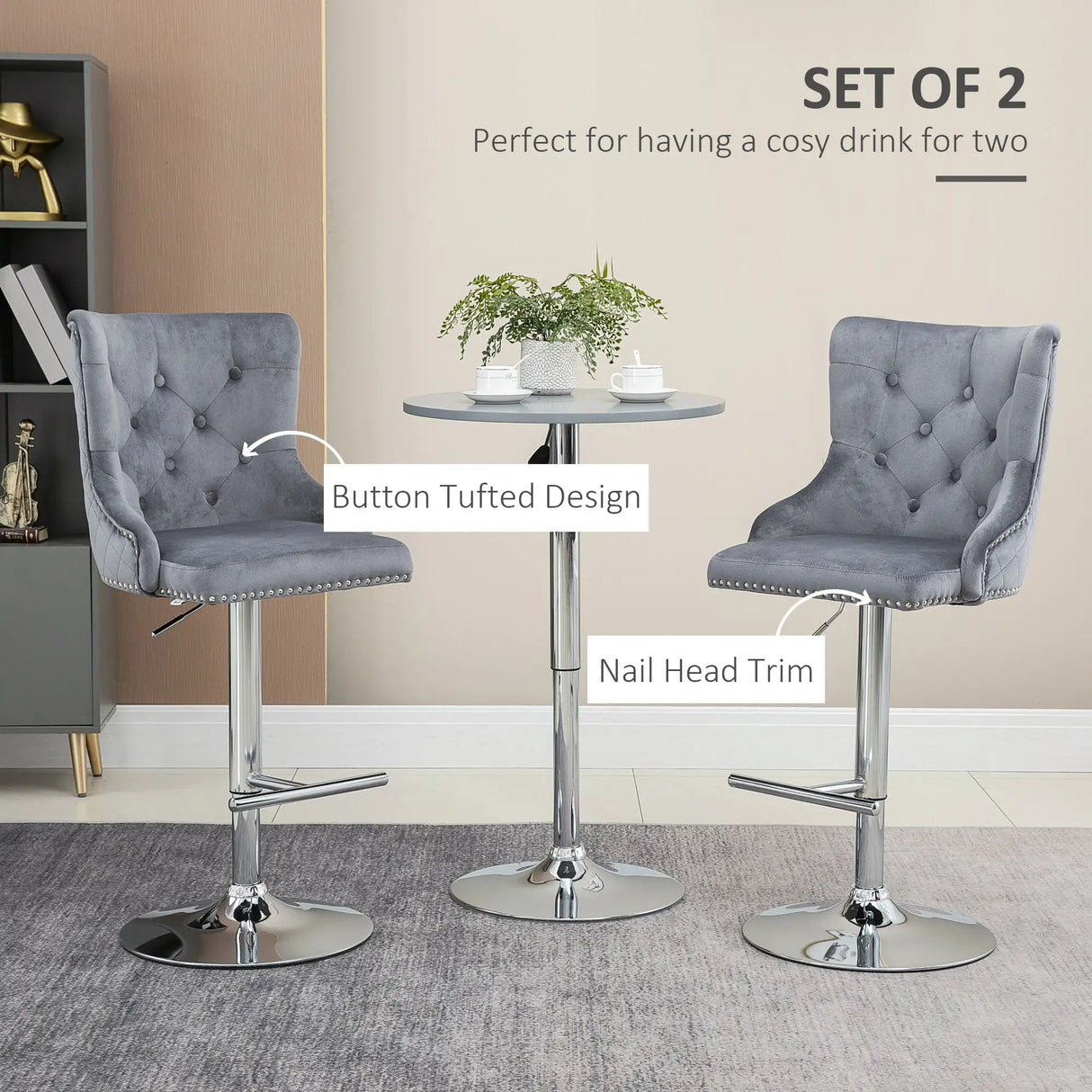 HOMCOM Bar Stools Set of 2, Modern Swivel & Adjustable Velvet Barstools with Button Tufted Back, Footrest, Nailhead Trim for Home Bar, Grey