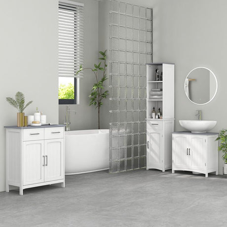 kleankin Bathroom Furniture Set with Adjustable Shelves, Tall Bathroom Storage Cabinet with Open Shelves, Bathroom Floor Cabinet with Drawers, Pedestal Sink Cabinet, White