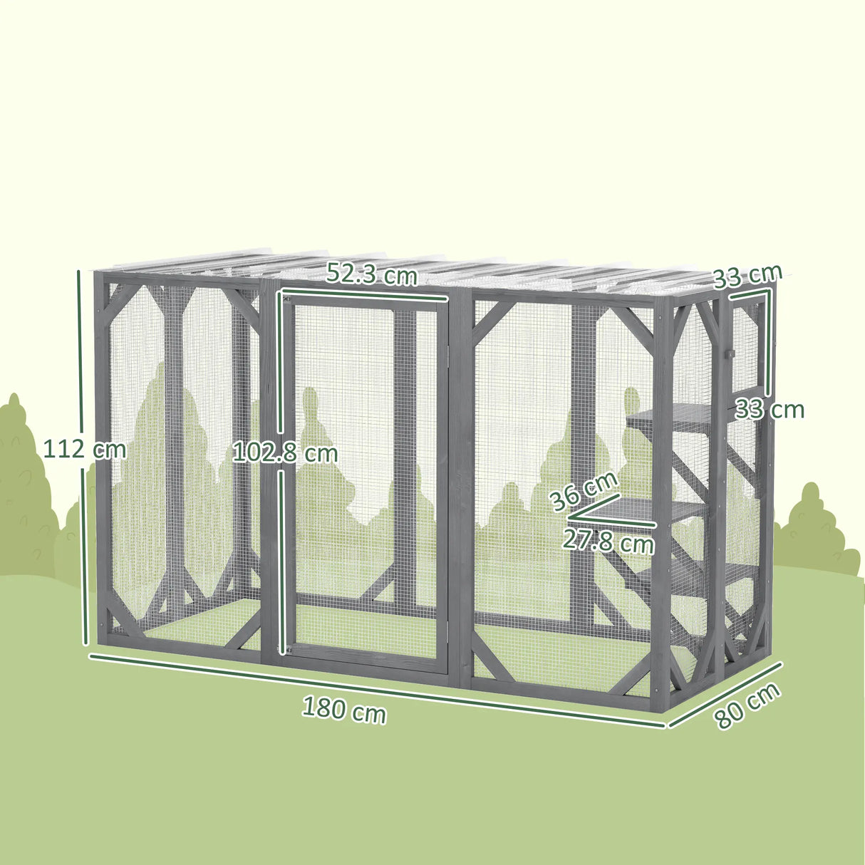 PawHut 71" Outdoor Wooden Cat House with Three Platforms, Large Door, Water-Resistant Roof, for Multiple Cats, Grey