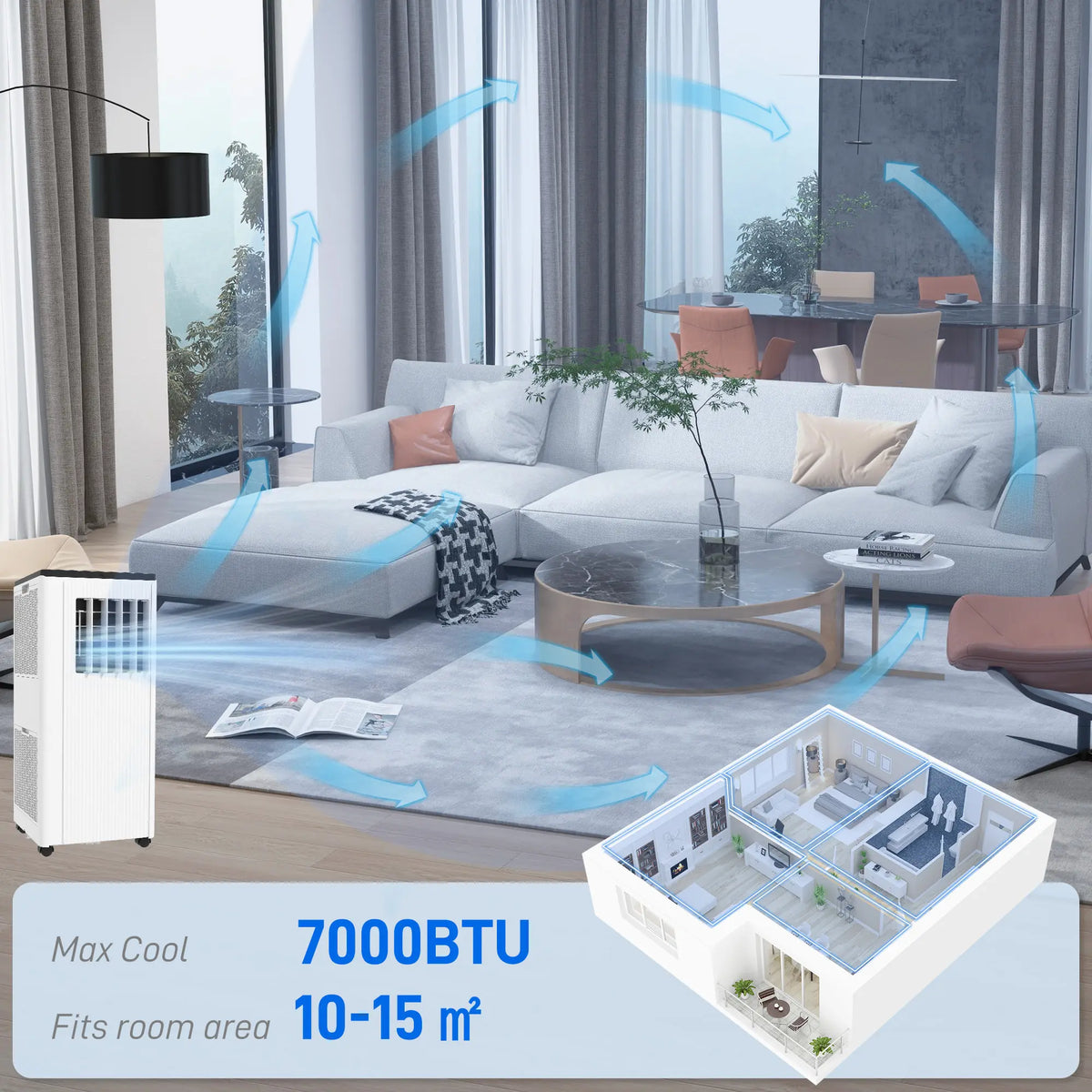 HOMCOM 7,000 BTU App-Controlled Mobile Air Conditioner, 15m2 Radius - White