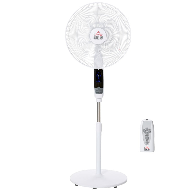 HOMCOM 16'' Pedestal Stand Fan, 3 Speed 3 Mode, 85 Oscillation, LED Panel, 3M Remote Controller, Height Adjustable for Living Room, Bedroom, Garage, Office, Black and White