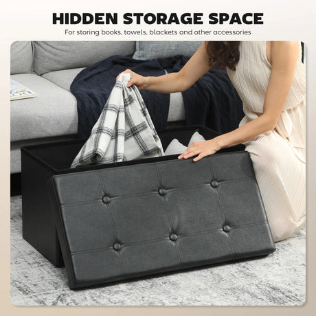 HOMCOM Storage Ottoman Bench, 89L PU Leather Folding Foot Rest Stool, End of Bed Bench, Easy Assembly, for Living Room, Bedroom, Entryway, Black