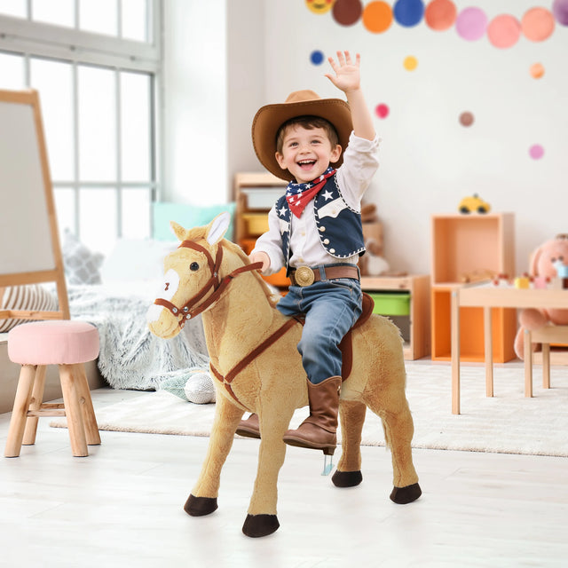 HOMCOM Kids Ride On Standing Horse Cuddly Toy Children Plush Soft Pony Gift w/ Neigh Sound or 2 Years and Up Beige