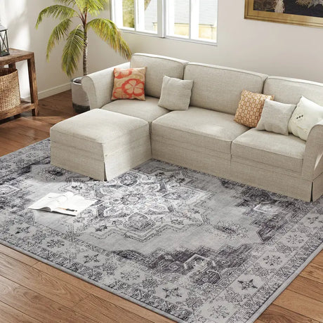 HOMCOM Vintage Area Rug, Non-Slip Washable Rug, Flannel Floor Carpet for Living Room, Bedroom, Dining Room, Home Office, 290 x 200 cm, Grey