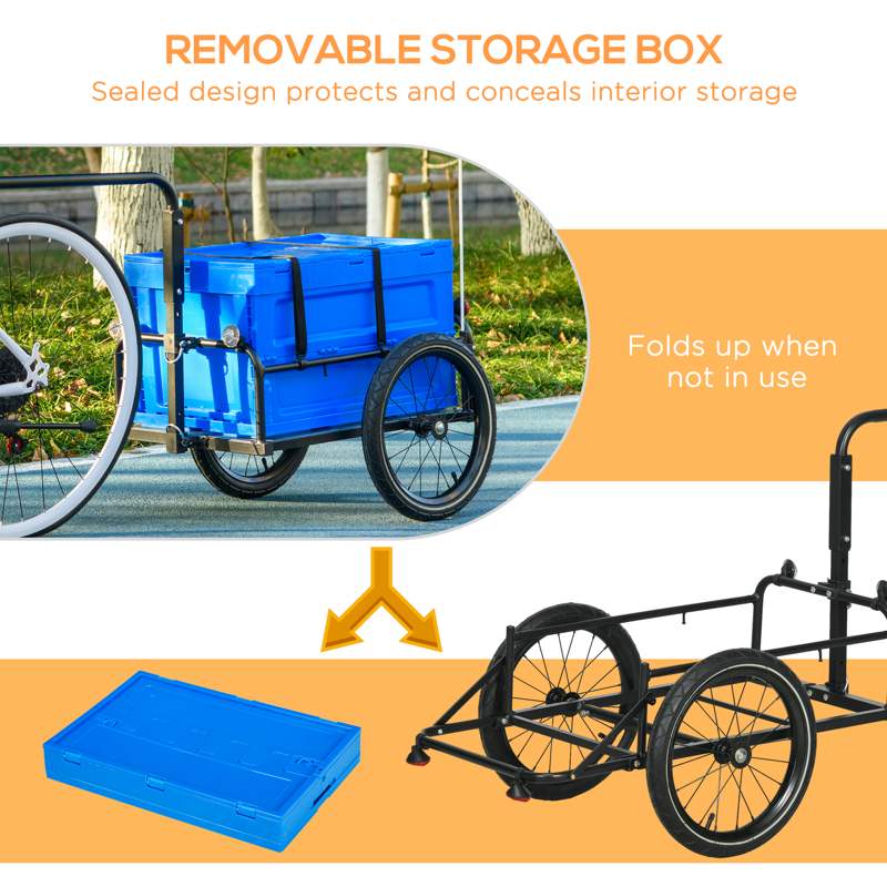 HOMCOM Steel Trailer for Bike, Bicycle Cargo Trailer with 65L Foldable Storage Box and Safe Reflectors, Max Load 40KG, Blue