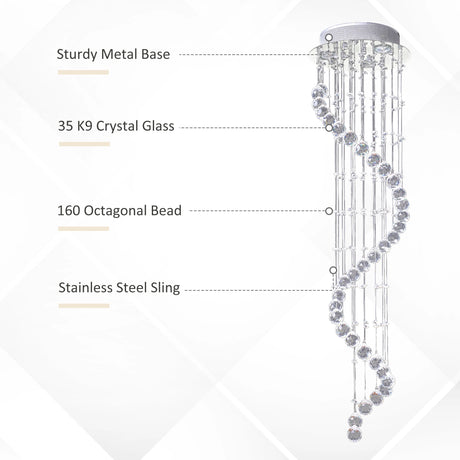 HOMCOM Modern Crystal Chandelier Ceiling Light Pendant Lamp Chrome Finish Glass Droplets New, 30 x 120cm