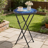 Outsunny Mosaic Outdoor Garden Table, 35.5cm Round Folding Coffee Table with Metal Frame for Balcony Terrace, Navy Blue