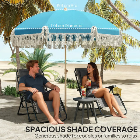 Outsunny 1.7 m Beach Umbrella with Sand Anchor, 30 Tilting Fringed Beach Garden Parasol with Adjustable Height, Grey