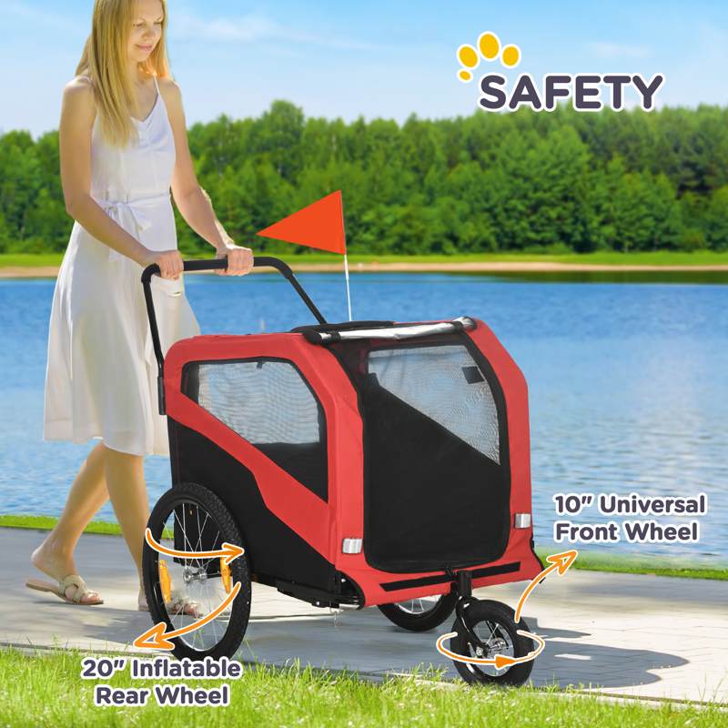 PawHut 2 in 1 Dog Bike Trailer Pet Stroller for Large Dogs with Hitch, 20" Wheels, Pet Bicycle Cart Trolley Carrier for Travel, Red