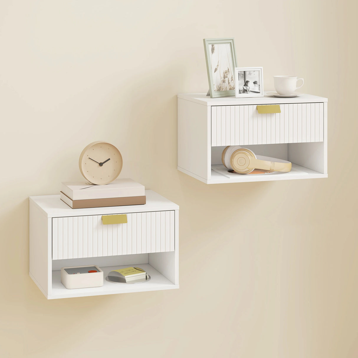 HOMCOM Set of 2 Wall Mounted Nightstands, Floating Bedside Tables with Fluted Drawer and Open Shelf for Small Bedroom, White