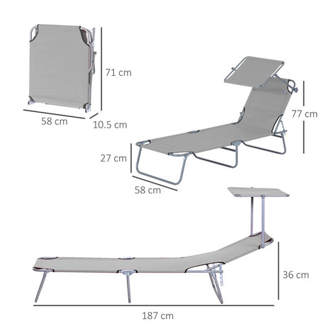 Outsunny 2 Pieces Outdoor Foldable Sun Lounger, 4 Level Adjustable Backrest Reclining Sun Lounger Chair with Angle Adjust Sun Shade Awning for Beach, Garden, Patio, Light Grey