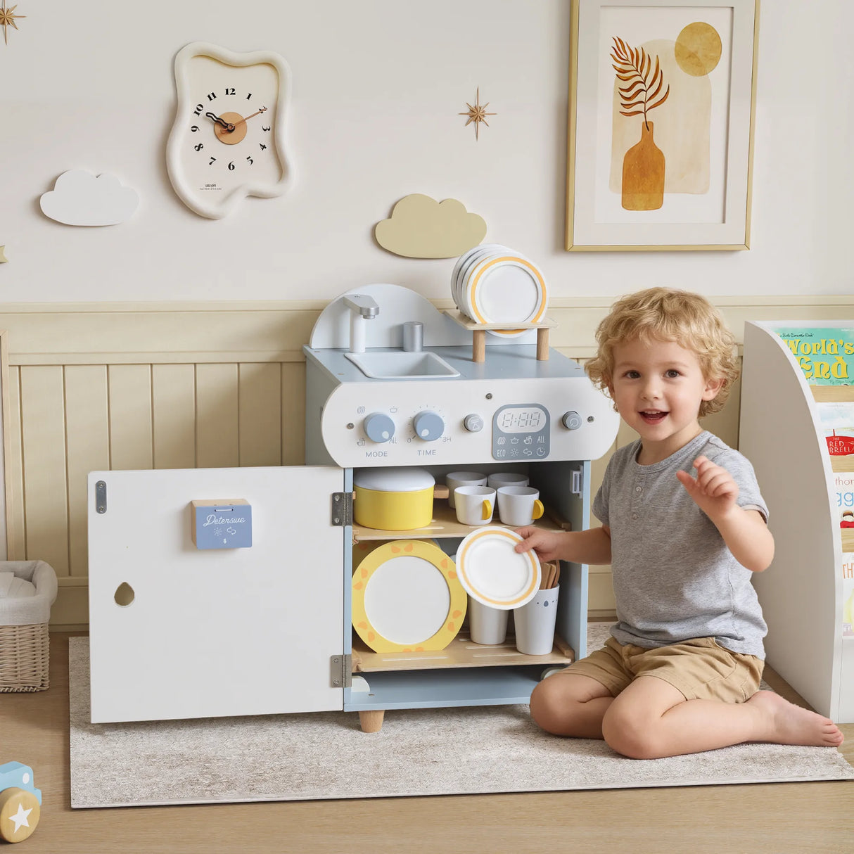 AIYAPLAY Wooden Dishwasher Playset, Kitchen Sink Toys with Faucet, Sink and Accessories, Gift for Boys Girls Toddlers